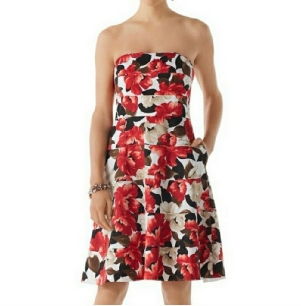 White House Black Market Red Floral Strapless Fit N Flare Dress Size 8 - Picture 1 of 5